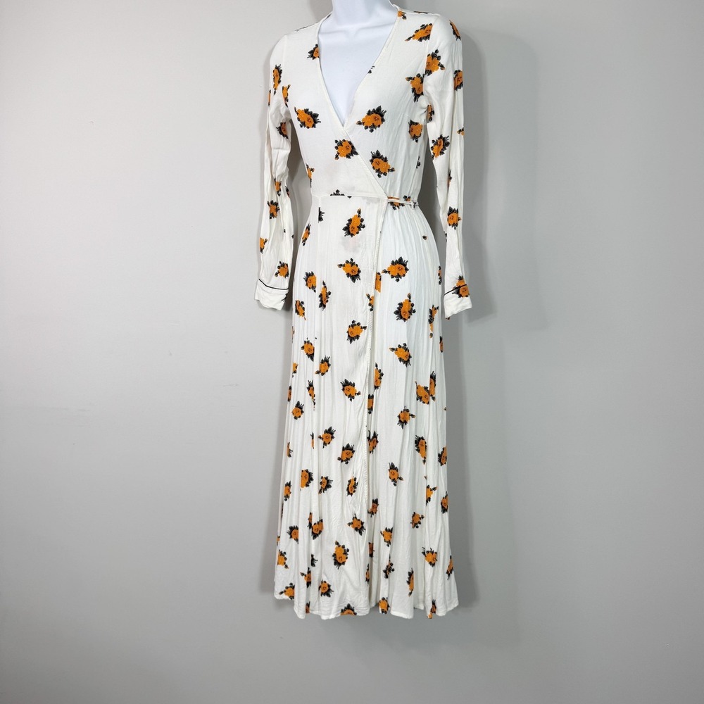 GANNI Dress Womens 36 White Floral Wrap Long Sleeve Midi Tie Waist V Neck Boho